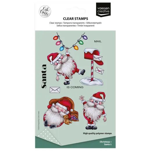 Vaessen Creative Clear Stamps Christmas Santa 1 mit 11 Weihnachtsmann-Motiven, Briefkasten und Lichterkette in Verpackung