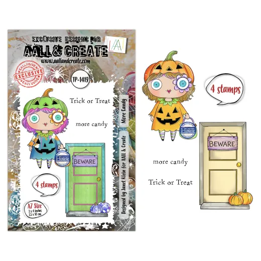Clear Stamps Nr. 1419 Costume Chronicles More Candy: Stempelset mit 4 Motiven - Mädchen im Kürbiskostüm, Tür mit Beware-Schild, Spruchstempel