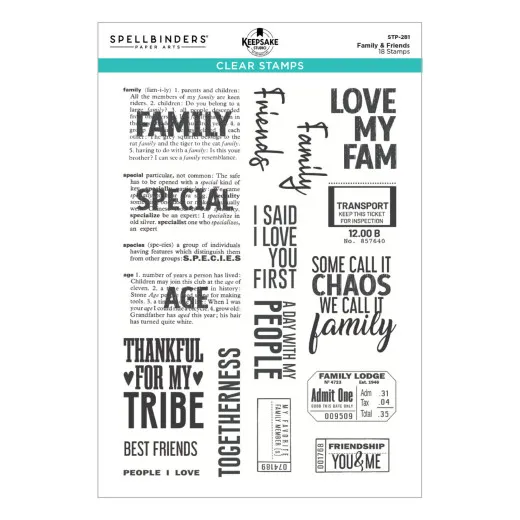 Verpackung des Stempelsets "Family & Friends" mit Textstempeln wie "Family", "Love My Fam" und "Thankful for my Tribe"