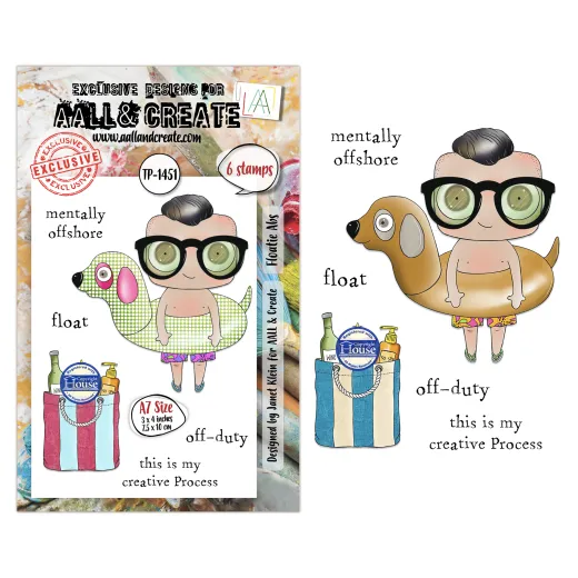 Verpackung der Clear Stamps „Floatie Abs" mit Einzelstempel-Motiven und koloriertem Beispielbild eines Jungen mit Brille auf gepunktetem Hunde-Schwimmring