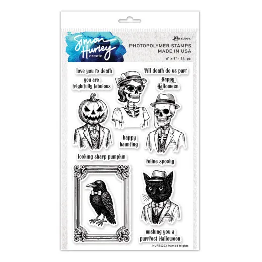Stempelset Framed Frights mit Kürbiskopf und Skeletten im Anzug, Rabe im Rahmen, Katze und Sprüchen