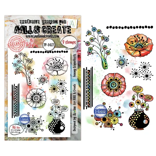 Verpackung der Clear Stamps „Funny Coquelicots" mit Blütenzweig, Mohnblüte und gepunkteter Vase