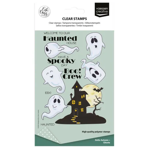 Verpackung des Clear-Stamp-Sets „Ghosts" mit Motiven fröhlicher und schreckhafter Gespenster, einem Spukhaus und den Sprüchen „Welcome to our Haunted House", „Have a Spooky Day" und „Boo! Crew".