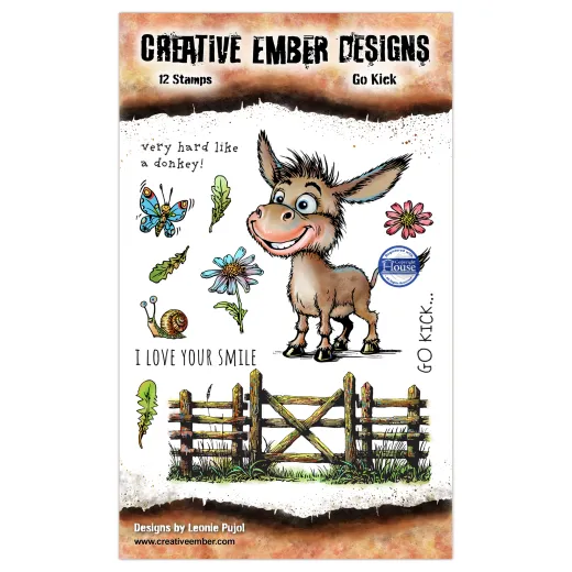 Clear Stamps Set Go Kick mit 12 Stempeln: Esel, Schmetterlinge, Blumen, Schnecke und Zaun, A6-Stempelbogen von Leonie Pujol