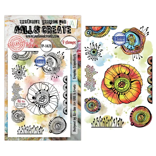 Verpackung der Clear Stamps „Graphic Coquelicots" mit grafisch stilisierten runden Blütenmotiven