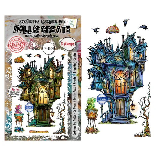 Clear Stamps Nr. 1504 Whispers of Halloween - Set mit 8 Stempeln auf Bogen, Verpackung mit Vorschau der Stempel und Anwendungsbeispiele