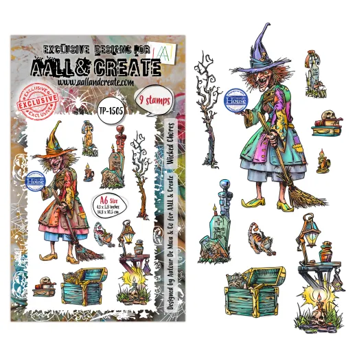 Clear Stamps Set Nr. 1505 Whispers of Halloween mit 9 Stempeln, Hexen- und Halloween-Motive auf Bogen, Aall & Create
