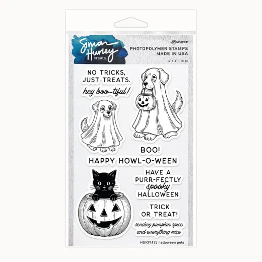 Stempelset Halloween Pets mit zwei Hunden als Gespenst, Katze im Kürbis und Sprüchen wie Trick or Treat