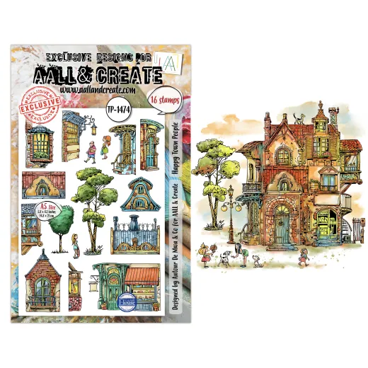 Verpackung der Clear Stamps „Happy Town People" mit Einzelstempel-Motiven und koloriertem Beispielbild eines Hauses mit Ladenfront, spielenden Kindern und Hund