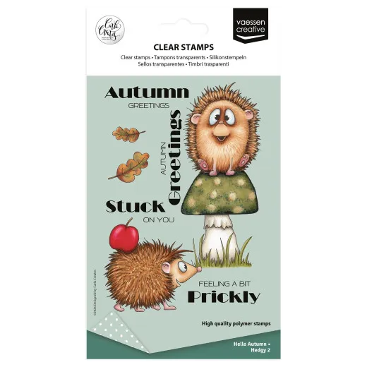 Verpackung des Clear-Stamp-Sets „Hedgy 2" mit einem Igel auf einem Pilz und den Sprüchen „Autumn Greetings", „Stuck on you" und „Feeling a bit Prickly".
