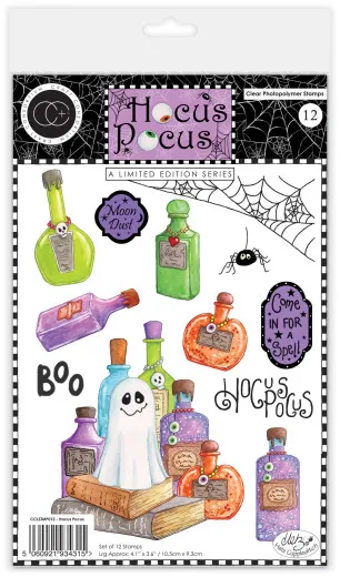 Kolorierte Vorschau der 12 Hocus-Pocus-Motive: Zaubertrank-Fläschchen, Gespenst, Spinne und Schriftzüge