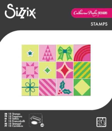 Verpackung der Sizzix Clear Stamps "Holiday in the Square" von Catherine Pooler mit 12 farbigen Weihnachtsmotiven im Quadrat-Raster.