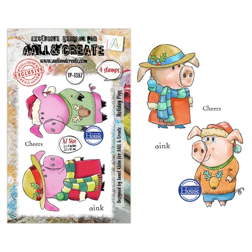 Stempelbogen 'Holiday Pigs' mit zwei weihnachtlich gekleideten Schweinen