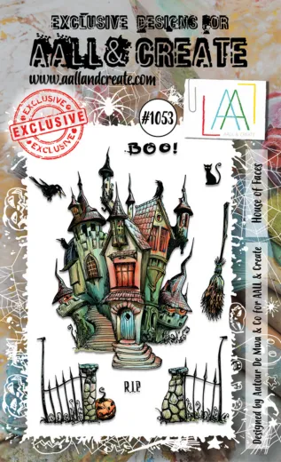 Verpackung des Clear-Stamp-Sets House of Faces mit gruseligem Spukhaus-Motiv, Rabe, Katze, Besen und den Schriftzügen Boo! und R.I.P.