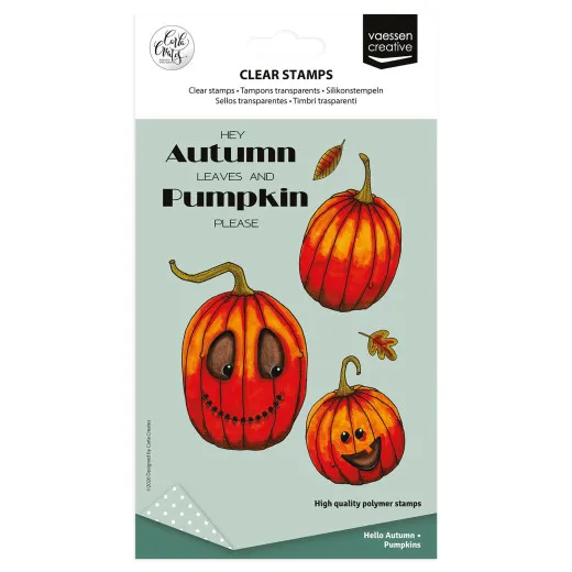 Verpackung der Vaessen Creative Clear Stamps 'Pumpkins' von Carla Creates mit zwei runden Kürbissen und einem Kürbisgesicht, Schriftzug 'Hey Autumn Leaves and Pumpkin Please'