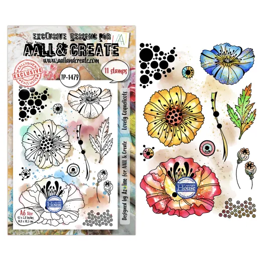 Verpackung der Clear Stamps „Lovely Coquelicots" mit kolorierten Mohnblumen in Blau, Gelb und Rot