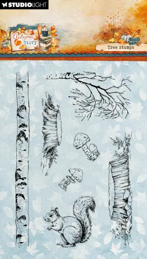 Stempelmotive mit Birkenstamm, Ast, Baumstümpfen, Pilzen und einem Eichhörnchen auf hellblauem Hintergrund mit Blattmuster