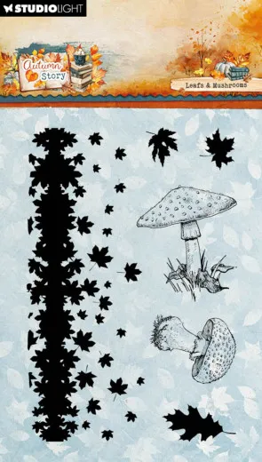 Stempelmotive mit Blätterranke, einzelnen Ahornblättern und zwei Fliegenpilzen auf hellblauem Hintergrund mit Blattmuster