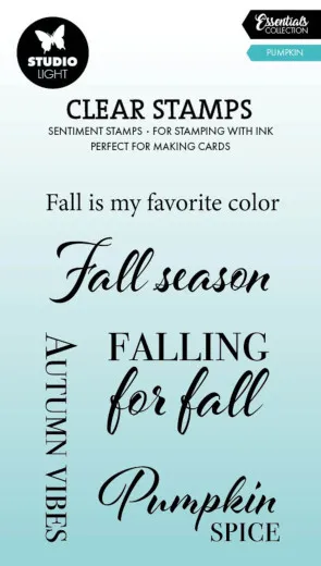 Fünf herbstliche Sprüche wie „Falling for fall" und „Pumpkin Spice" in unterschiedlichen Schriftstilen auf türkisfarbenem Verlaufshintergrund