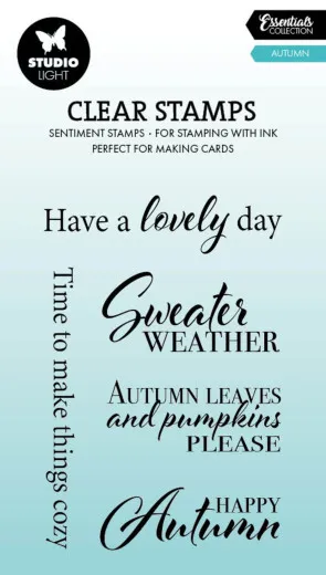 Sechs herbstliche Sprüche wie „Sweater Weather" und „Happy Autumn" in verschiedenen Schriftstilen auf hellblauem Verlaufshintergrund