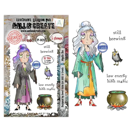 Clear Stamps Set Nr. 1428 Costume Chronicles Mystic Dee mit 5 Stempeln: Hexe mit Zauberstab, Eulen, Hexenkessel und Texte in A7-Format