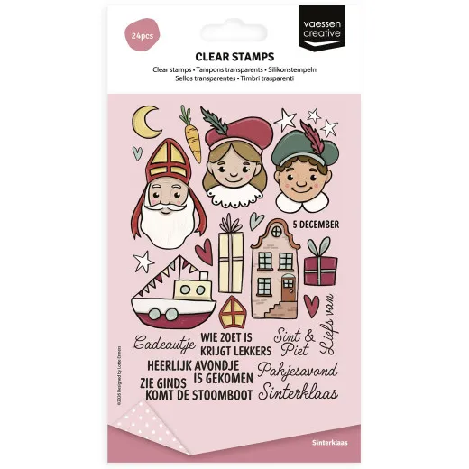 Verpackung des Clear-Stamps-Sets „Sinterklaas“ mit 24 Motiven: Nikolaus, Pieten, Haus und Boot