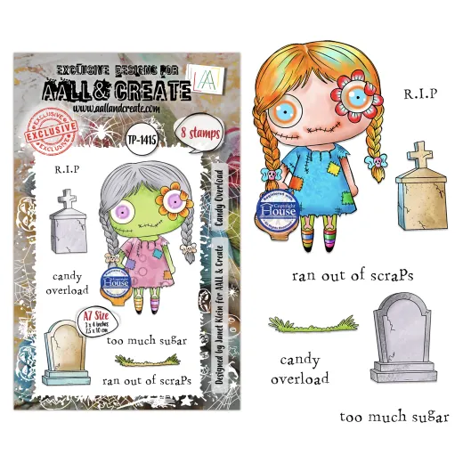 Clear Stamp Set Nr. 1415 Candy Overload mit 8 Stempeln, Packung und gestempelte Motive zeigend