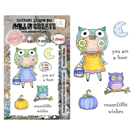 Clear Stamps Nr. 1421 Moonlight Wishes - 6 Klarsichtstempel mit Eulenmotiven, Mond und Text-Elementen von Aall & Create