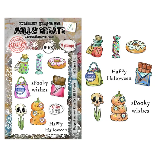 Clear Stamps Set Nr. 1422 mit 9 Halloween-Stempeln von AALL and Create, zeigt bunte Motive wie Flaschen, Süßigkeiten, Donut, Tasche, Schädel und Kürbisse