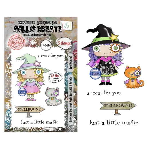 Clear Stamps Set Spellbound mit Hexen-Charakter, Zauberkätzchen, Spellbound-Schild und Texten in A7-Format