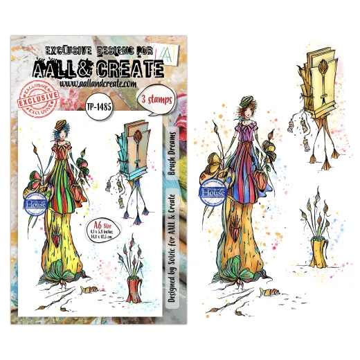 Clear-Stamp-Bogen „Brush Dreams“ mit 3 Motiven: Malerin im bunten Kleid, Staffelei mit Leinwänden und Blumenvase.