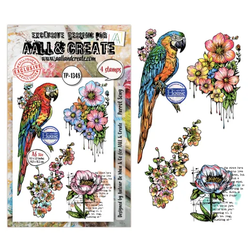 Aall & Create Clear Stamps Hearted Nature Parrot Song Stempelset A6 mit Papagei und Blumen
