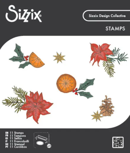 Verpackung der Clear-Stamp-Sets mit weihnachtlichen Motiven: Orangenscheibe mit Stechpalme, Weihnachtsstern mit Tannenzweig und Tannenzapfen mit Sternanis.