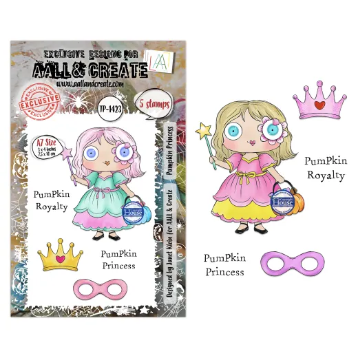 Clear Stamps Set Pumpkin Princess mit 5 Stempeln, Pumpkin Princess Charakter mit Krone und Zauberstab, goldene Krone und rosa Maske