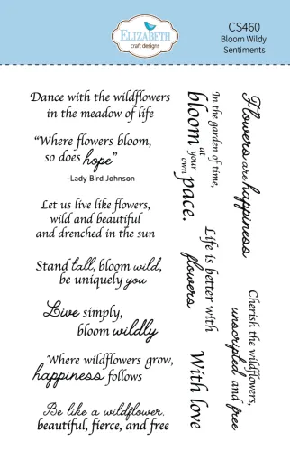 Verpackung des Clear-Stamp-Sets "Sentiments" mit acht englischsprachigen Blumen-Sprüchen.