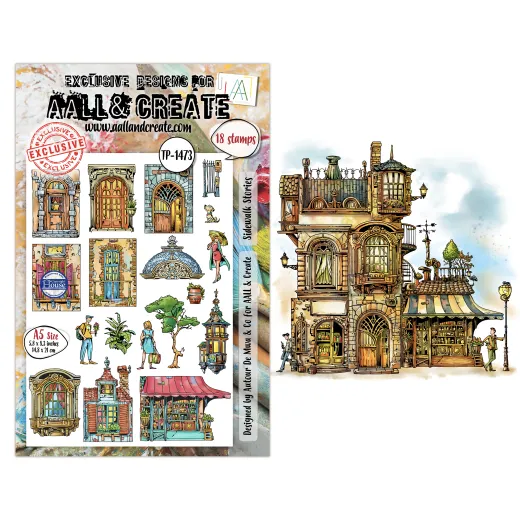 Verpackung der Clear Stamps „Sidewalk Stories" mit Einzelstempel-Motiven und koloriertem Beispielbild einer Ladenfassade mit Passant und Straßenlaterne