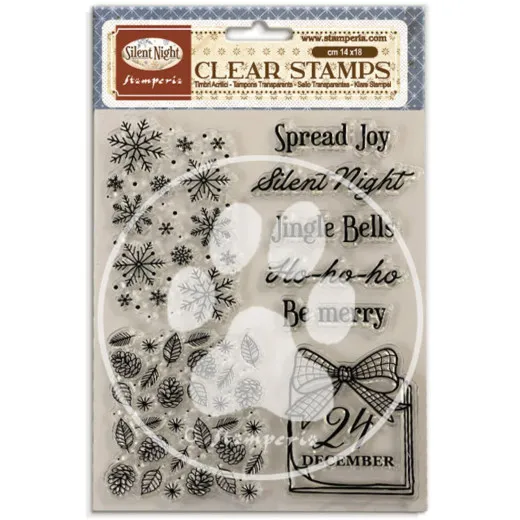 Verpackung der Stamperia Clear Stamps Silent Night mit Schneeflocken, Tannenzweigen, Schleife, Datumsrahmen "24 December" und Schriftzügen wie "Spread Joy" und "Silent Night".