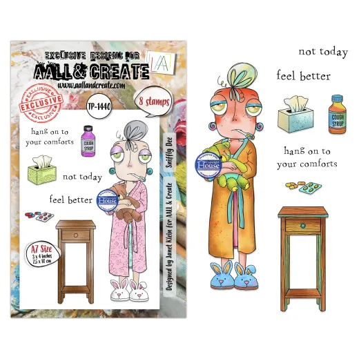 Verpackung der Clear Stamps „Sniffly Dee" mit Einzelstempel-Motiven und koloriertem Beispielbild einer erkälteten Frau im Bademantel mit Teddy, Fieberthermometer und Nachttisch