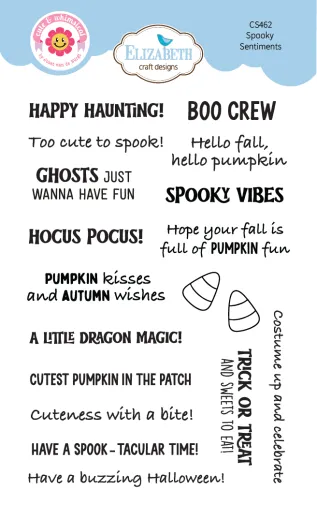 Clear Stamps Spooky Sentiments von Elizabeth Craft Designs mit 18 Halloween-Sprüchen in Schwarz auf weißem Grund