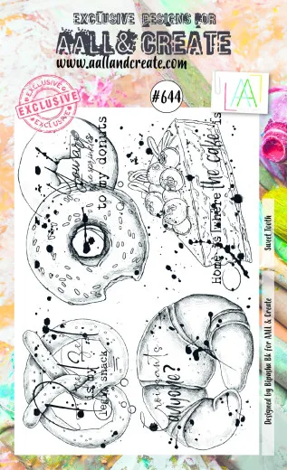 Verpackung des Clear-Stamp-Sets Sweet Tooth mit Donut, Kuchenstück, Brezel und Croissant sowie humorvollen Sprüchen