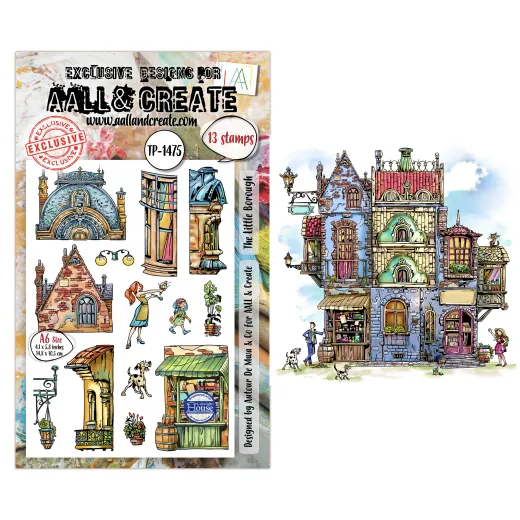 Verpackung der Clear Stamps „The Little Borough" mit Einzelstempel-Motiven und koloriertem Beispielbild eines mehrstöckigen Hauses mit Ladenfront, Passanten und Hund