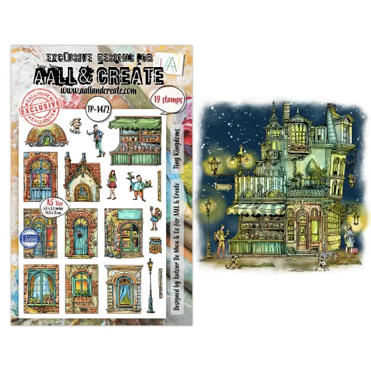 Verpackung der Clear Stamps „Tiny Kingdoms" mit Einzelstempel-Motiven und koloriertem Beispielbild einer nächtlich beleuchteten Ladenfassade mit Passanten und Hund