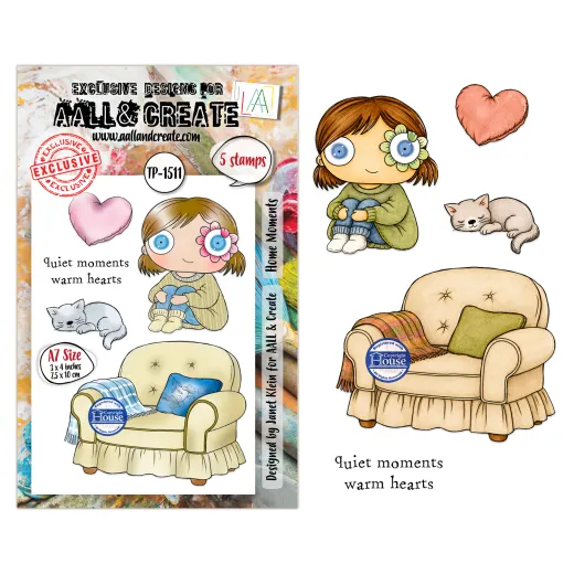 Stempelset TP-1511 Home Moments mit sitzendem Mädchen, Sessel, schlafender Katze, Herz und quiet moments warm hearts