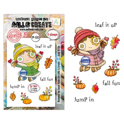 Stempelset TP-1512 Leaf It Up mit Mädchen mit Mütze und Mantel, Kürbissen, Herbstblättern und Sprüchen wie fall fun