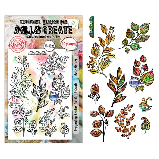 Stempelset TP-1526 Belle Nature mit gemusterten Blätterzweigen, Beeren, Schoten und Spiralen in Herbstfarben