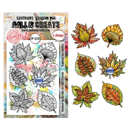 Stempelset TP-1528 Tombent Les Feuilles mit sechs gemusterten Herbstblättern, koloriert in Orange und Grün