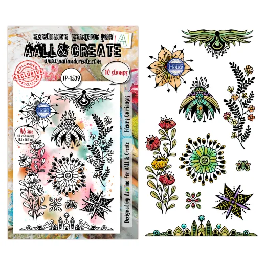 Stempelset TP-1529 Fleurs Curieuses mit Mandala-Blüte, Ranken, Käfer, Libelle und Blütenbordüre