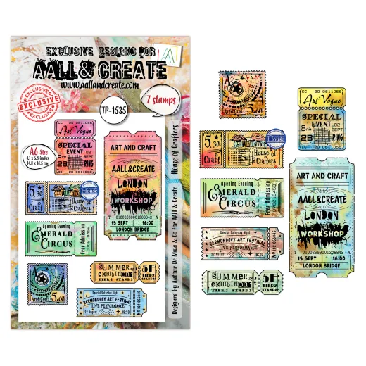 Stempelset TP-1535 House of Crafters mit Tickets wie Art and Craft, Emerald Circus, London Workshop und Art Vogue