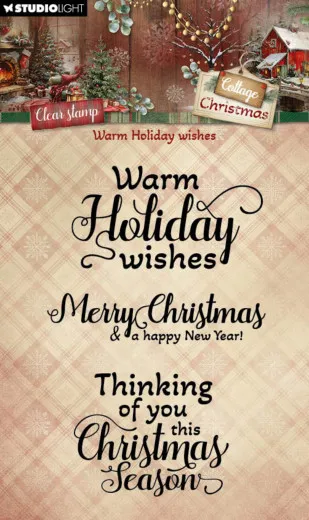 Ungefärbter Textstempel-Bogen mit den Sprüchen „Warm Holiday wishes“, „Merry Christmas & a happy New Year!“ und „Thinking of you this Christmas Season“.