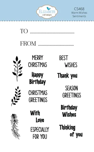 Stempelbogen Warm Wishes Sentiments mit To/From-Linien, Sprüchen wie Merry Christmas und Thank you sowie drei Zweigen
